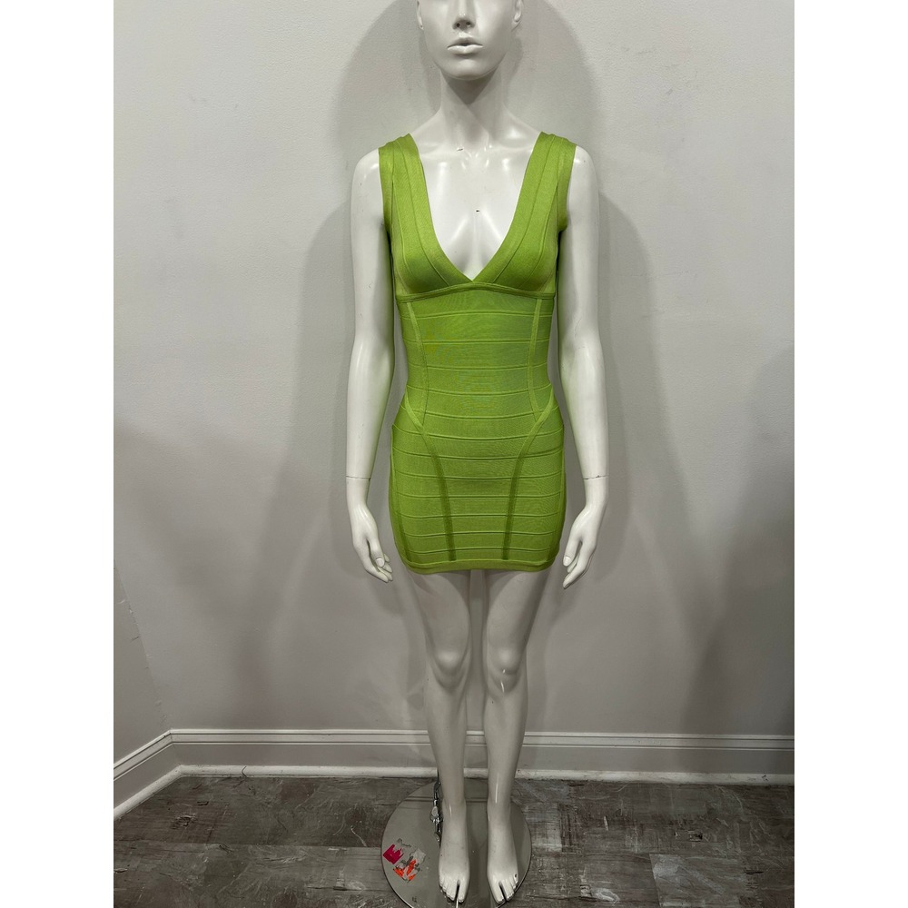 Bandage Dress Womens XS Lime Green V-Neck Bodycon Mini HLT65113